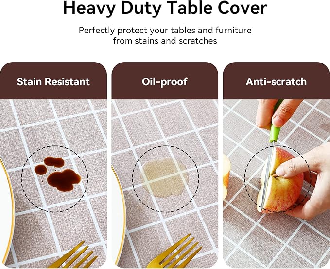Romanstile Rectangle Vinyl Tablecloth, 100% Waterproof Oil-Proof Checkered Plastic Table Cloth, Heavy Duty Wipeable Table Covers for Dining, Camping, Picnic, Outdoor - 52 x 70 Inch, Sand