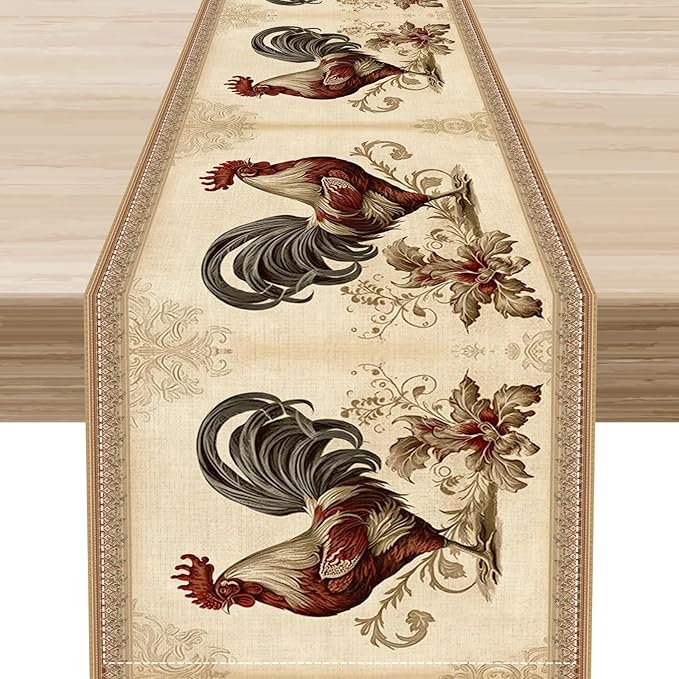 Farmhouse Rooster Table Runner, Vintage Rooster Retro Farmhouse Country Chicken Coffee Table Center Decor for Home Kitchen Dining Patio Holiday Party Indoor Outdoor Table Decorations 13"x36"
