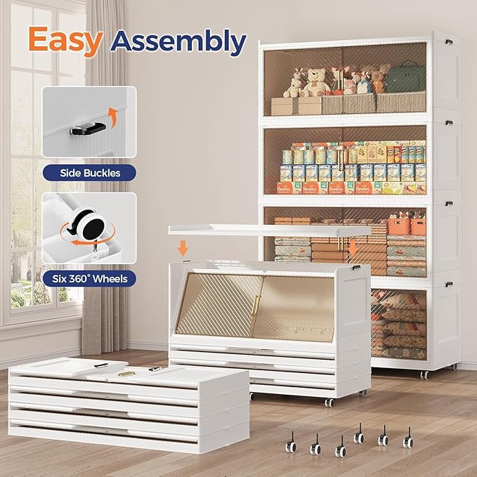 200GAL Extra Large Storage Bins with Lid, 800QT Collapsible Organizer with Wheels, Stackable Closet Cabinet with Doors, Folding Storage Containers for Home, Office, Kitchen, 4Pack White