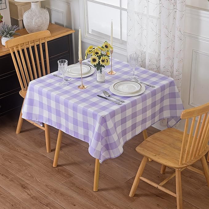 Cupuamon 2 Pack Waterproof Polyester Fabic Square Checkered Tablecloth，54x54 Outdoor Table Cloth，Oil Stain Prevention Table Cloth for Pinics and Parties（Lavender and White）
