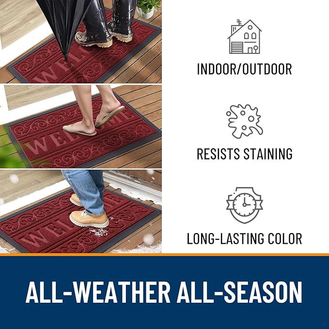 OLANLY Welcome Door Mat Indoor Outdoor Entrance, Heavy Duty Sturdy Front Door Mat, Waterproof All-Weather Doormat, Stain Resistant, Low Profile, Easy Clean Patio Entryway Mat, 36 x 24, Wine Red