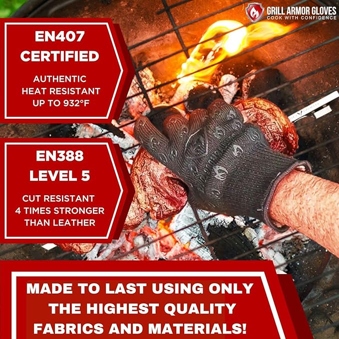 Oven Gloves with Fingers - 932°F Extreme Heat Proof and Cut Resistant Mitts for Kitchen, BBQ, Grill, Baking, Fire Pit - EN407 Certified with Non-Slip Silicone Grip and Cotton Lined for Comfort