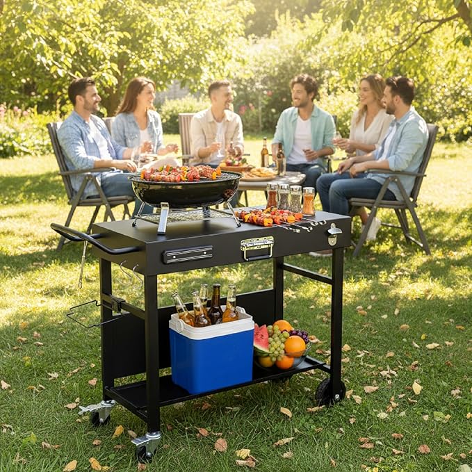 VINGLI Outdoor Grill Table Cart, Foldable Grill Cart with Wheels, Rolling Table for Ninja, Blackstone Griddle, Pizza Oven Stand, Food Prep Table w/Bottle Opener, Seasoning Tray, Rubbish Bag Holder