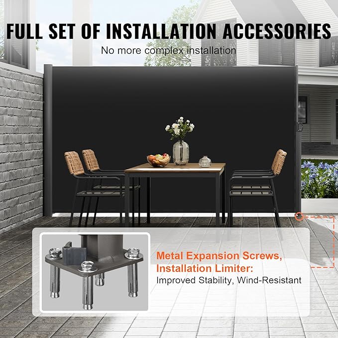 VEVOR Retractable Side Awning, UV 50 118" x 71" Retractable Patio Screen Waterproof, 280 g Thicken Folding Room Divider Wind Screen for Privacy, Garden, Outdoor, Patio and Terrace, Black