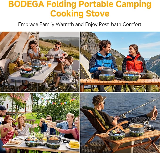 BODEGA 2 Burner Camping Stove, 20000 BTU Folding Propane Camp Stove with Adjustable Burners,Portable Dual Gas Stoves with Carry Handle&Bag Frying Pan for Camping,BBQ,RV,Home,Camping Essentials Gear