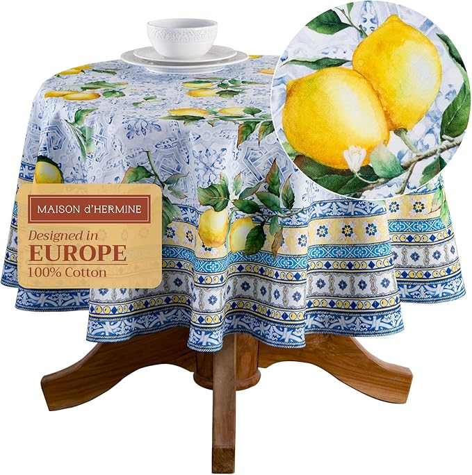 Maison d' Hermine Table Cloth Round Table 100% Cotton 69 Inches Tablecloth Reusable Decorative Everyday Use for Dining Room, Farmhouse, Home, Party, Festive & Wedding Spring Summer - Citrus