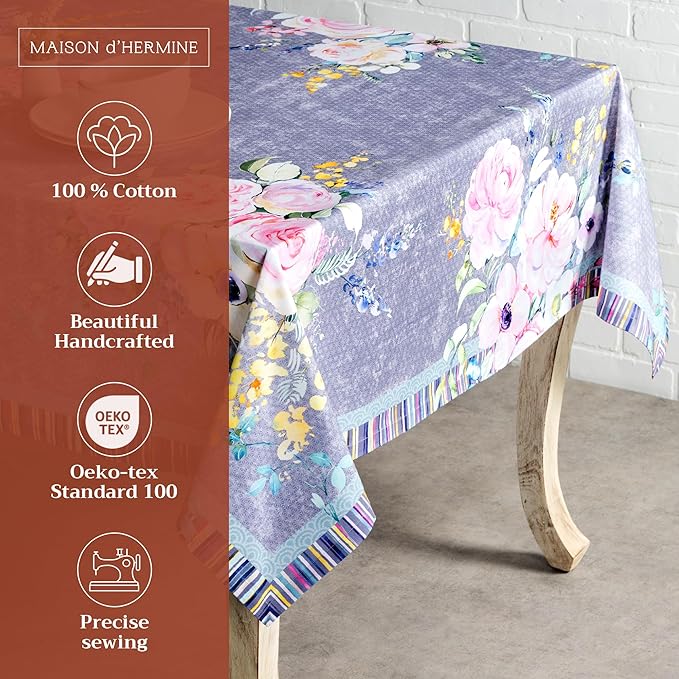 Maison d' Hermine Table Cloth Rectangle Table 100% Cotton 60 x 108 Inches Tablecloth Reusable for Dining Room, Farmhouse, Home, Party, Festive & Wedding Spring Summer - Sweet Rose Lavender - Lush