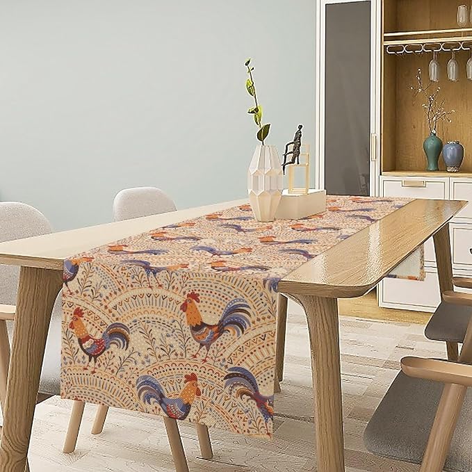 Cute Roosters Table Runner, Boho Rustic Cock Chicken Vintage Arch Floral Plants Print Table Cover for Holiday Kitchen Dining Table Indoor Outdoor Home Party Decor, 13x108inch
