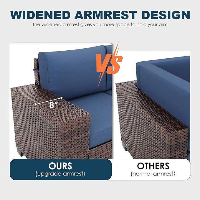 7 Piece Patio Furniture Set with Fire Pit Table, Outdoor Conversation Sets Wicker Rattan Sectional Sofa with Coffee Table, 4'' Thickened Cushion Navy Blue (Include Waterproof Cover)