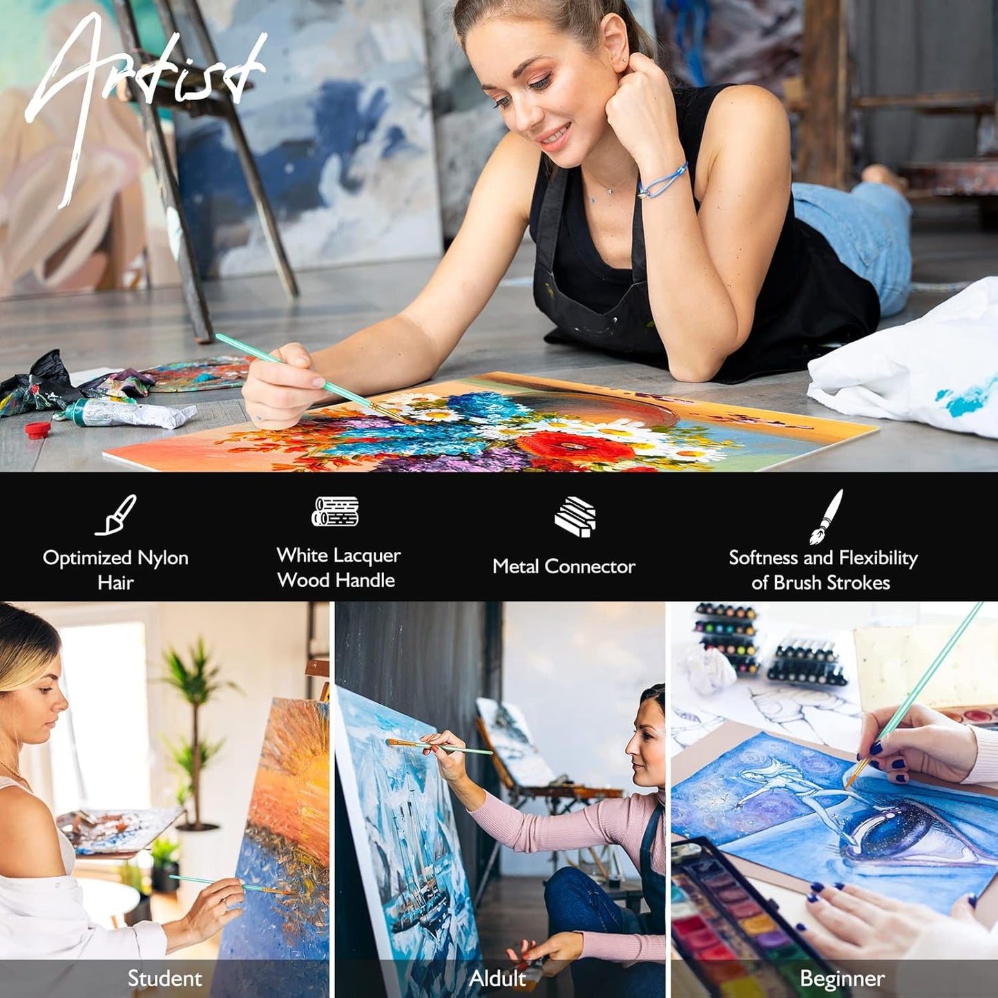 Paint Brushes Set, 60 Pcs Paint Brushes for Acrylic Painting, Oil Watercolor Acrylic Paint Brush, Artist Paintbrushes for Body Face Rock Canvas, Kids Adult Drawing Arts Crafts Supplies, Green