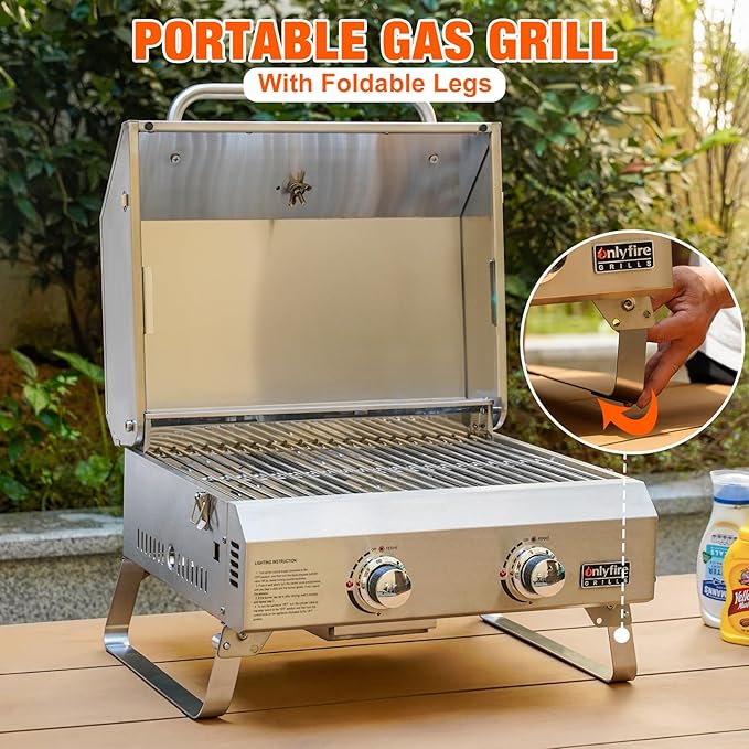 Tabletop Gas Grill 2 Burners, 20" Portable Propane Grill with Foldable Legs for Outdoor Patio Backyard Camping Tailgating RV Trip Beach, Stainless Steel Gas Stove 16000BTU, GS322