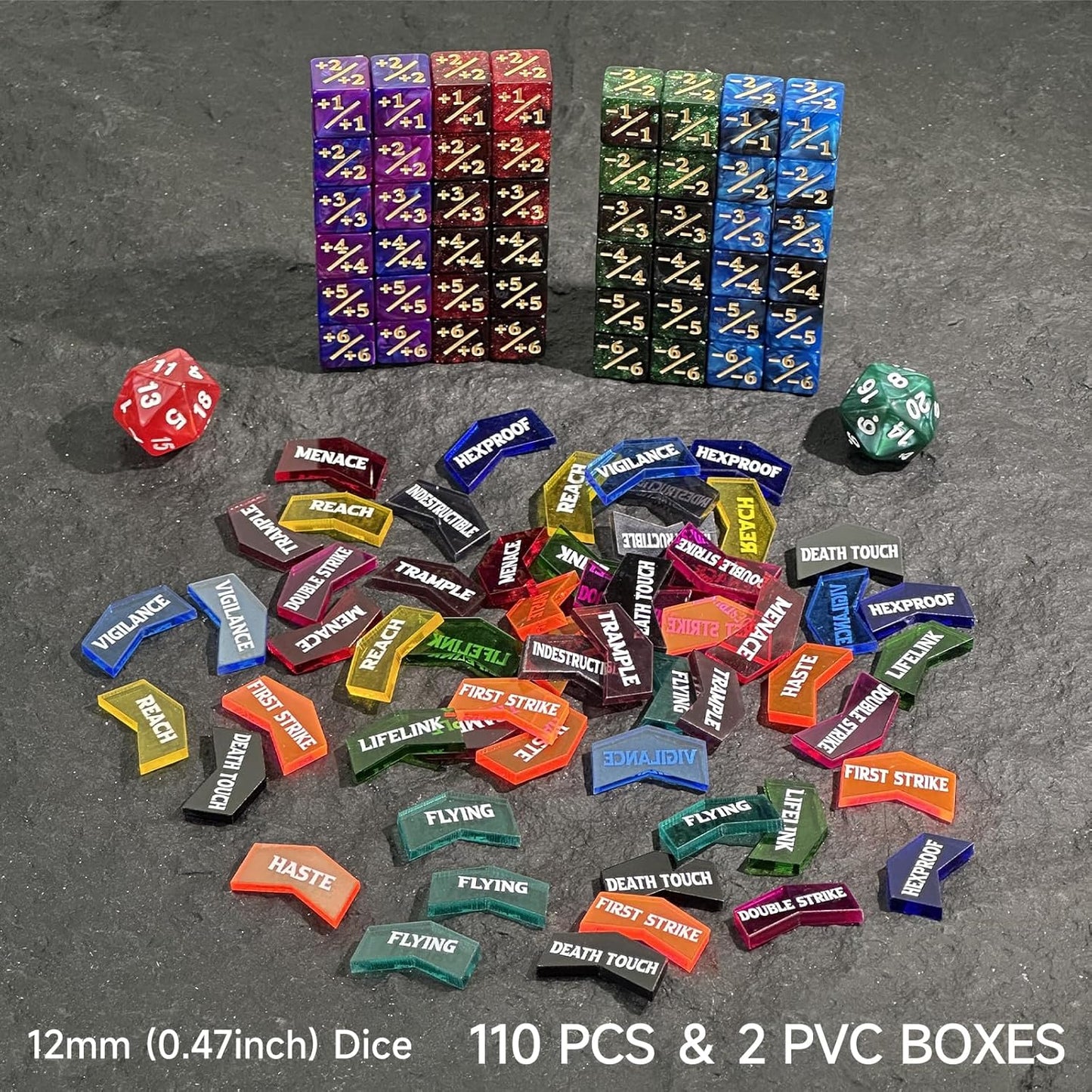 110PCS MTG Tokens & 12mm Life Counter Dice Set for Magic The Gathering with Box, Bulk Ability MTG Tokens D20 Loyalty 6 Sided Dice, Compatible with TCG CCG Magic Card Gaming Accessories