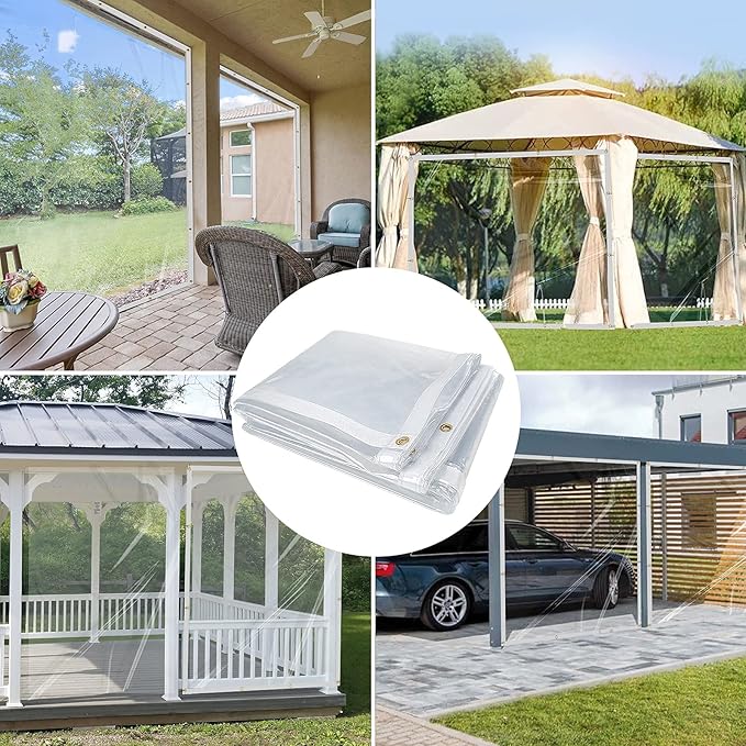 6 x 20FT Outdoor Clear Tarp Curtain Waterproof Wind-Proof 24 Mil Transparent Vinyl Tarp for Patio Pergola Garden Canopy Rainproof Anti-Tear PVC Thick Cover with Grommets