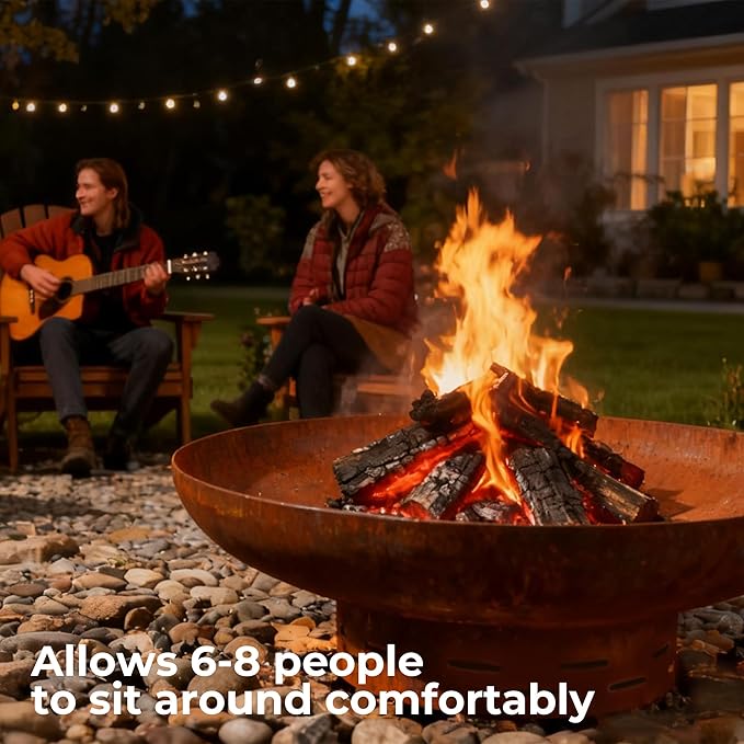 KOL 35" Dia. Heavy-Duty Fire Pit - Pre-Rusted Corten Steel Round Firepit Large Fire Bowl with Stand - Weathering Steel Wood Burning Fireplaces for Outside Backyard Deck Party Bonfire