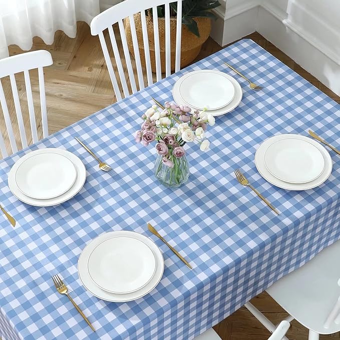 Romanstile Rectangle Vinyl Tablecloth, 100% Waterproof Buffalo Gingham Plastic Table Cloth, Heavy Duty Wipeable Checkered Table Covers for Outdoor, Camping, Picnic, Patio - 54 x 78, Light Blue