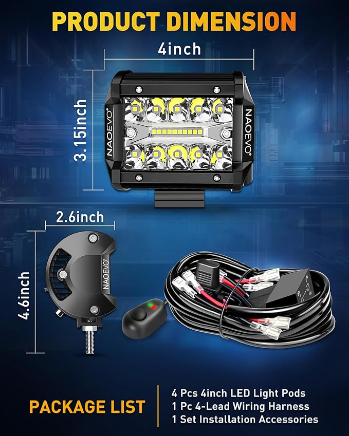 NAOEVO 4 Inch LED Pod Lights, LED Off Road/Driving/Fog Lights with Spot&Flood Combo, Cube Pods for Truck Tractor Boat ATV UTV, 4 Pcs with 4 Leads Wiring Harness (White)