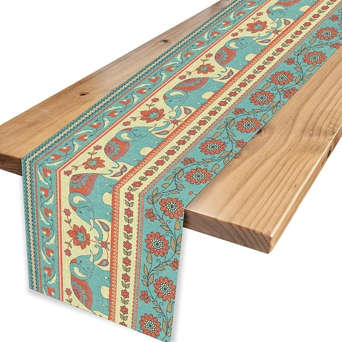 Boho Table Runner, Rustic African Tribe Indian Elephant Diwali India Ethnic Rustic Blue Coffee Table Center Decor for Home Kitchen Dining Patio Holiday Party Outdoor Table Decorations, 13"x108"