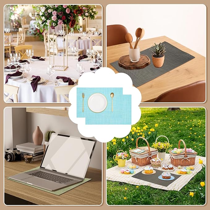 uxcell Faux Linen Placemats, 12x18 Inch Heat Resistant Place Mats Machine Washable Non-Slip Cloth Placemats for Dining Table Kitchen Indoor Outdoor Home Decoration(Blue,4Pcs)