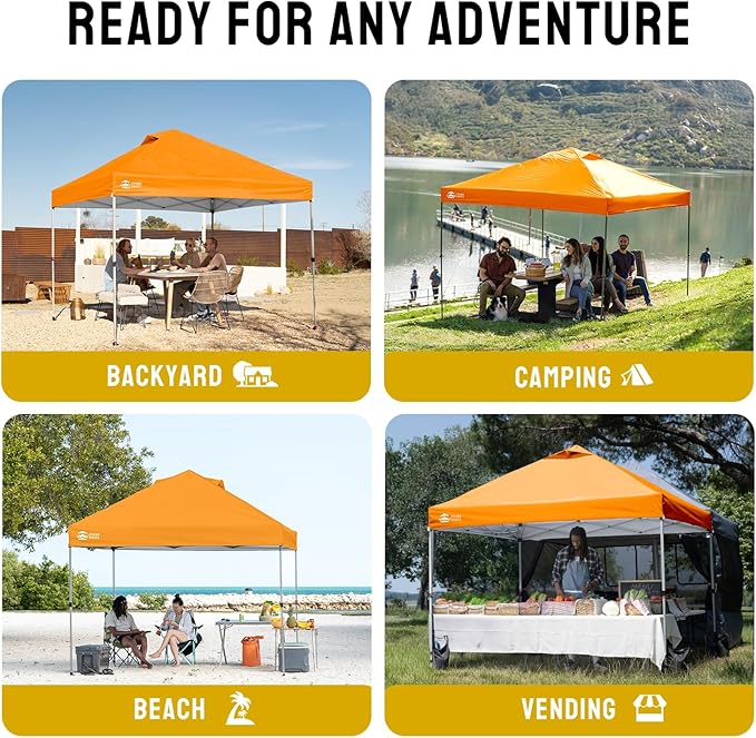 CROWN SHADES 10x10 Pop Up Canopy - Beach Tent with One Push Setup - Easy Outdoor Sun Shade for Events, Parties, Camping - Gazebo with STO-N-Go Cover Bag, Silver Coated Top, Orange
