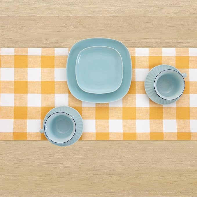 Solino Home Linen Checkered Table Runner 144 Inches Long - 100% Pure Linen Mustard and White Buffalo Check Extra Long Table Runner 14 x 144 Inch Ideal for Dining, Spring, Easter