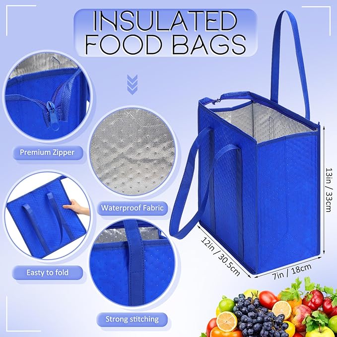 10 Pack Large Insulated Grocery Bags Reusable Shopping Bags with Zippered Top 13 x 12 x 7 Inch Thermal Cooler Totes Bulk with Handles for Hot Cold Food Delivery Refrigerator(Green, Blue)