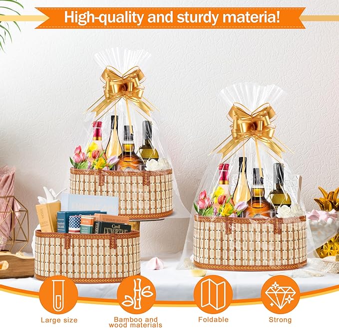 Orchidleaf 3 Set Baskets for Gifts Empty, Gift Empty Bamboo Basket Large, Foldable Woven Gift Basket with Handle for Baby Baptisms, Mother's Day, Christmas, Housewarming