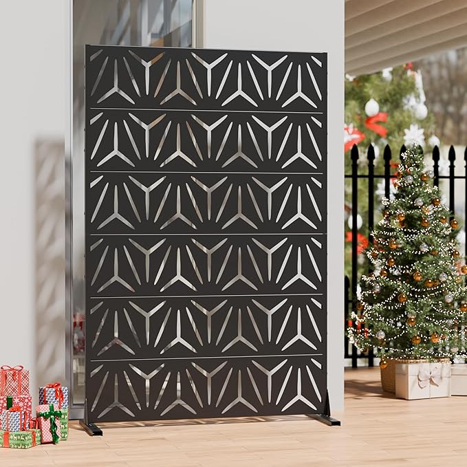 Casaphoria Metal Privacy Screen Outdoor, 72" H x 47" W Freestanding Decorative Privacy Screen for Patio Deck Balcony Garden with Stable Base, Black-stellate
