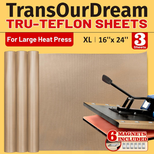 TransOurDream 3 PTFE Teflon Sheets Size XL16 x 24" for Heat Transfer Paper and Sublimation Paper and 6 Magnets for Holding Heat Press Reusable Heat Resistant Non stick