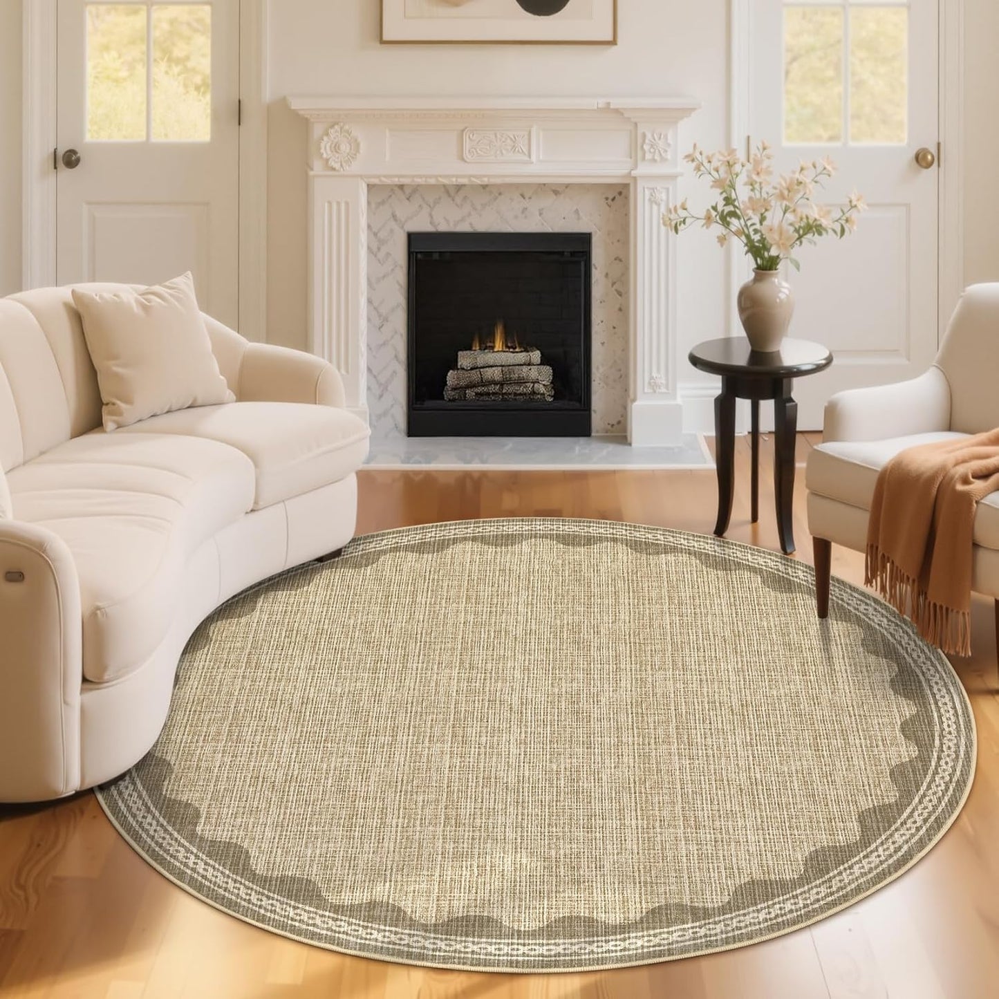 Scalloped Round Rug 6ft, Small Area Rugs Solid JuteRug for Bedroom Girls, Washable Rugs for Living Room, Non Slip Scalloped Round Bath Mat, Soft Dorm Nursery Carpet for Bedside