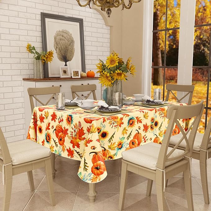 misaya Rectangle Waterproof Vinyl Table Cloth, Wipeable Tablecloth with Flannel Backing, Plastic Table Cover for Fall, Thanksgiving (Pumpkin, 60" x 120")