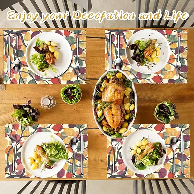 Rainbow Tree Placemats Set of 4 - Faux Leather Resistant Placemats for Dinner Table, Non-Slip Waterproof Oil-Proof Washable Reusable Placemat for Indoor Outdoor Kitchen Decor, 15.75In*11.81In