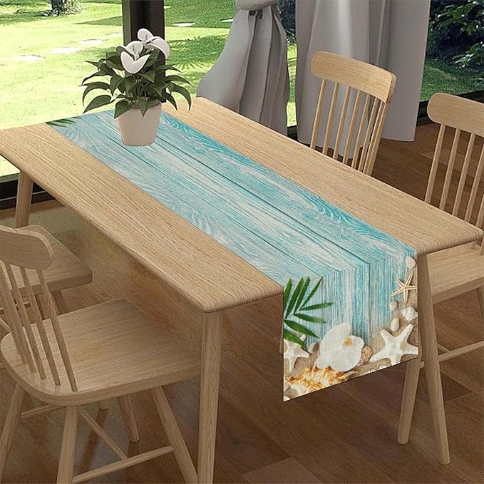 Blue Wooden Starfish Table Runner, Turquoise Tropical Summer Sandy Ocean Beach Coffee Table Center Deco, for Kitchen Family Festival Farmhouse Party and Living Room Table Decorations, 13" X 72"