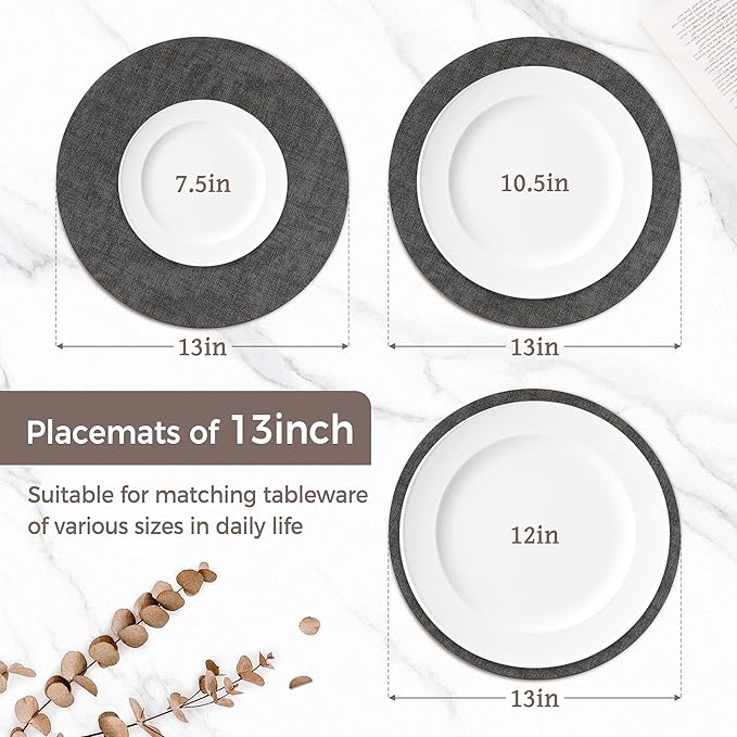 13"Round Placemats Set of 6, Reversible Faux Leather Heat Resistant Table Mats, 100% Waterproof Oilproof Wipeable Table Protective Placemats for Vinyl, Washable for Indoor & Outdoor Use (6, Deep Gray)