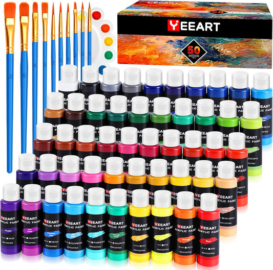 50 Color Acrylic Paint Set, 2oz Bottles, Rich Pigmented Canvas Paint with 10 Brushes &Palette, Professional Art Supplies Kit for Adults & Kids, Non-Toxic, Suitable for Canvas, Rocks, Wood
