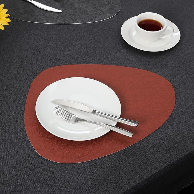 Placemats and Coasters, Washable Reversible Placemats Round Faux Leather Wipeable Place Mats Non Slip Heat Resistant Indoor Outdoor Table Mats (Set of 4, Gray Terracotta)