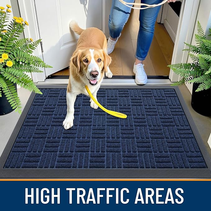 OLANLY Front Door Mat Outside Entrance 59x34, Absorbent, Heavy Duty Sturdy Natural Rubber Doormat Indoor Outdoor, Non-Slip, Stain and Fade Resistant, Low Profile Floor Mat for Entryway, Navy Blue
