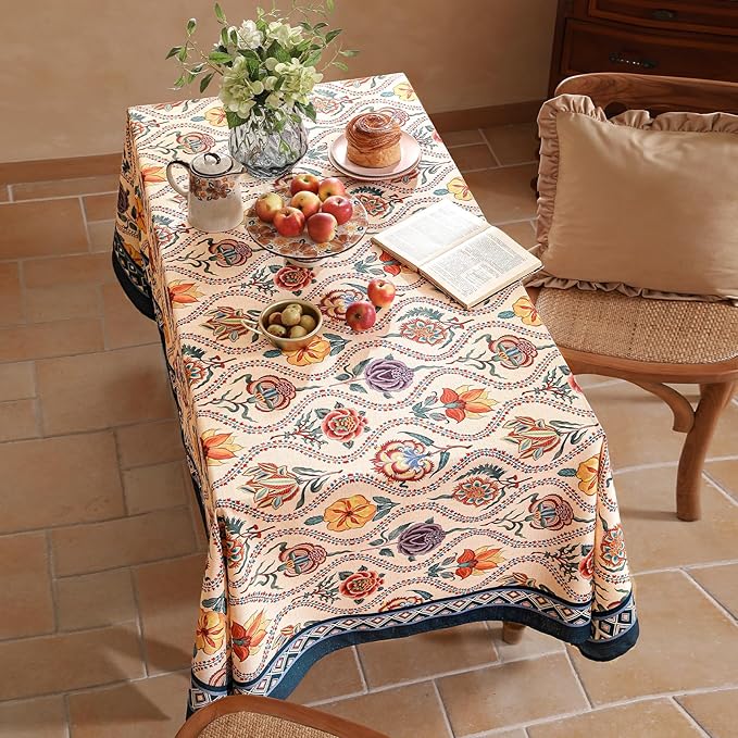 Vintage French Rectangular Tablecloth,Linen Extra Long Tablecloth with Rose and Cornflower Pattern,Decor Table Cover for Kitchen,Dining,Thanksgiving,Tea Party,63" × 110"-Lanae