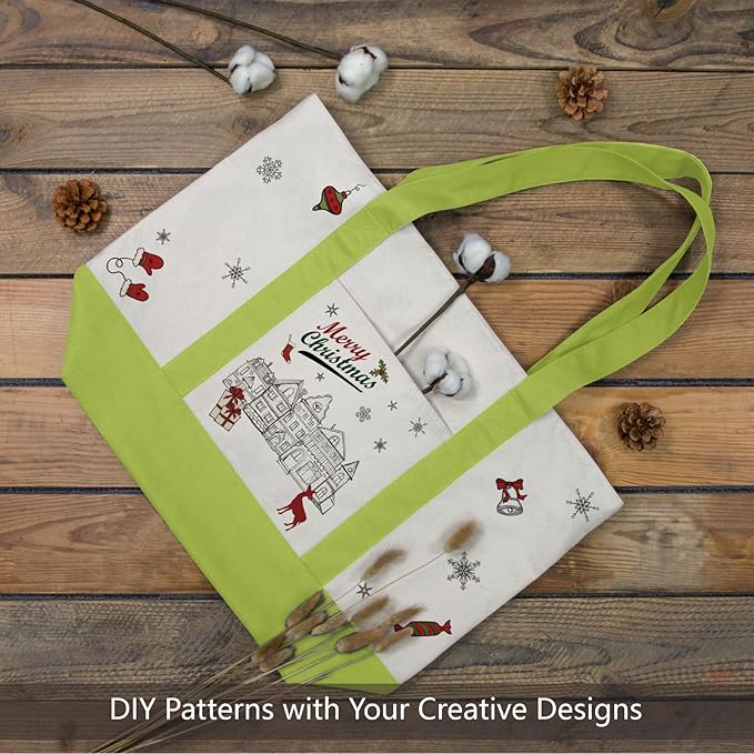 TOPDesign 3-Pack Canvas Tote Bags with an External Pocket, Reusable Grocery Shopping Bags, Top Zipper Closure, Daily Essentials (Light Green/Natural)