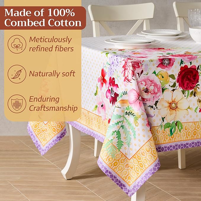 Maison d' Hermine Premium Table Cloth Rectangle Table 100% Combed Cotton 140 x 70 Inches Tablecloth Reusable Decorative for Dining Room, Farmhouse, Home, Party, Festive & Wedding - Summer Joy