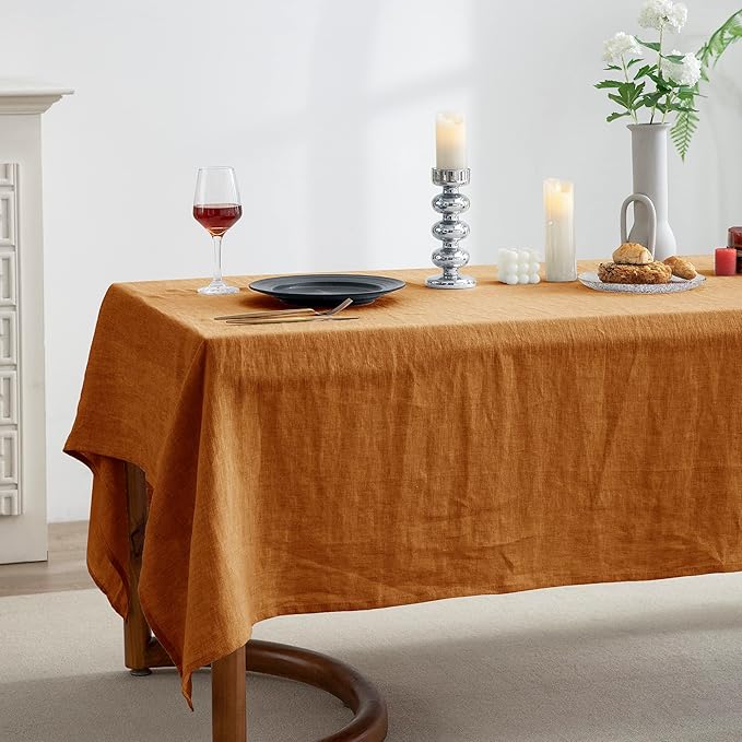 EVERLY 100% Pure Linen Rectangle Tablecloths 60x120Inches for Dining,Buffet Parties,Picnic,Events,Weddings and Restaurants,Decorative Halloween,Thanksgiving Machine Washable Tablecloths-Caramel