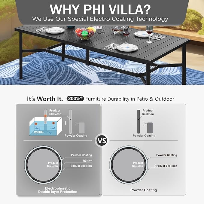 PHI VILLA 9 Piece Patio Dining Set, Patio Furniture Outdoor Dining Set with Adjustable Portable Patio Folding Chairs (Blue) & Large Patio Dining Table for Yard, Garden and Deck
