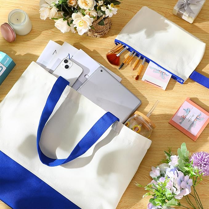 Sanwuta 24 Pcs Canvas Tote Bags Bulk with Zipper Cosmetic Bags 18.5" Cotton Canvas Bag with Handles Reusable Shopping Bags