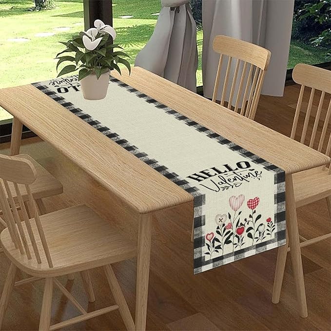 Valentines Day Table Runner,Vintage Rustic Black White Red Heart Buffalo Plaid Table Center Decor for Family Kitchen Living Room Outdoor Farmhouse Party Table Decorations, 13"x72"