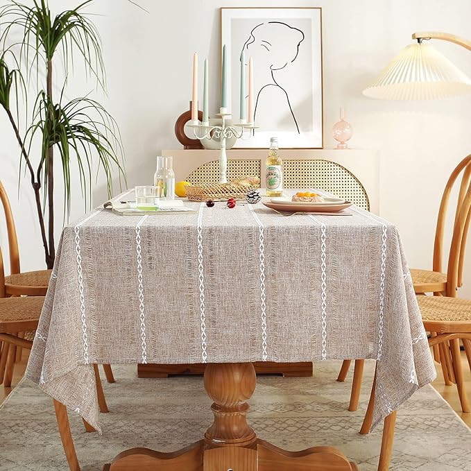 Chassic 60 x 60 inches Farmhouse Style Linen tablecloths, Wrinkle Resistant Washable Dining Room Table Cloths for Square Tables - Hemstitch Light Coffee