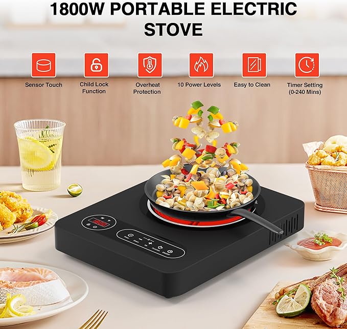 Single Burner Electric Cooktop 1800W - 110V Electric Stove Top Burner Portable Stove with LED Touch Control 10 Power Level, Hot Plate with Child Safety Lock, Timer and Overheat protection