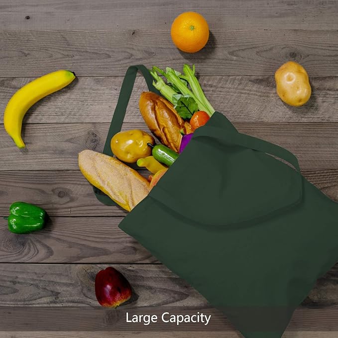 TOPDesign 12-Pack Economical 16"x15" Green Black Cotton Tote Bag, Lightweight Medium Reusable Grocery Shopping Cloth Bags, Suitable for DIY, Advertising, Promotion, Gift, Activity
