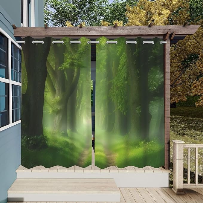 Forest Theme Waterproof Outdoor Curtains for Patio,Dawn Trees Jungle Pattern,Privacy Weatherproof Grommet Outside Curtains for Porch, Pergola, Cabana,2 Panels,W36 x L84,Green