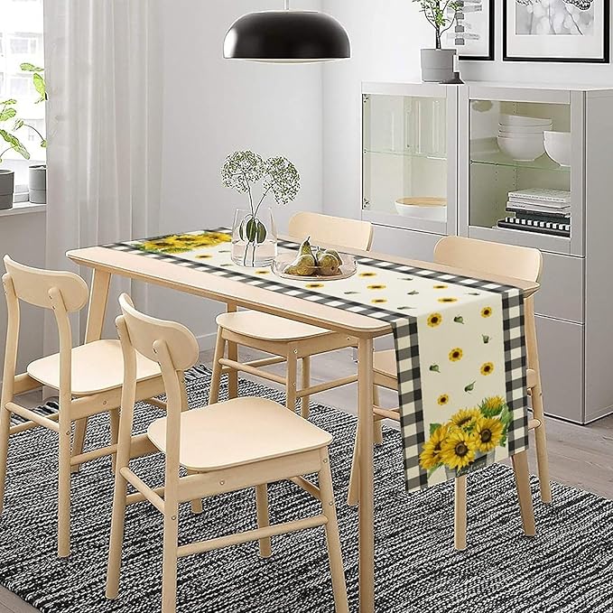Morden Sunflower Table Runner,White Black Buffalo Plaid Watercolor Summer Flower Plants Leaves Print Table Runner for Kitchen Dining Table Holiday Home Party Decor 13x60in