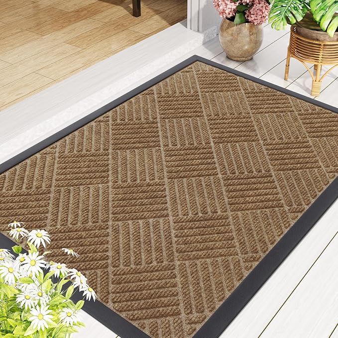Smiry Front Door Mat Outside Entrance, Heavy Duty Outdoor Indoor Mat, Natural Rubber Doormat, Non Slip, Trap Dirt and Moisture, Easy Clean, Low Profile Patio Porch Entryway Mat, 59x35, Coffee