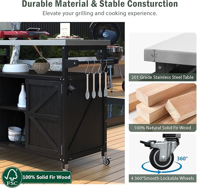50.25" Grill Cart with Stainless Steel Tabletop - Outdoor Storage Cabinet for BBQ, Bar Patio Kitchen Island with Ample Storage and Lockable Wheels